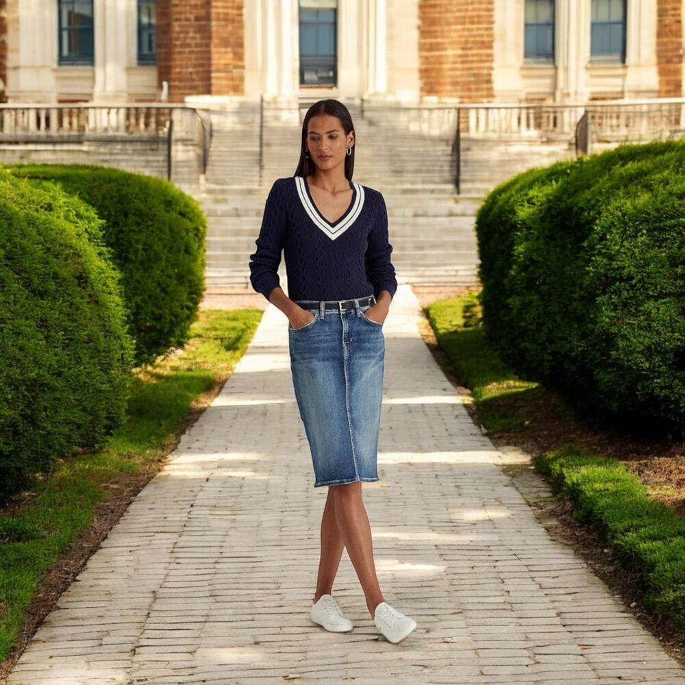 Y2K Old Navy Blue Denim Pencil Skirt Low Waist Below Knee  Sz 6